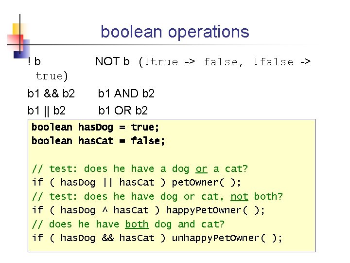 boolean operations !b true) NOT b (!true -> false, !false -> b 1 &&