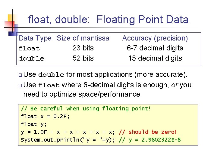 float, double: Floating Point Data Type Size of mantissa float 23 bits double 52