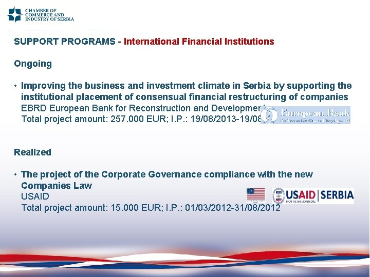 SUPPORT PROGRAMS - International Financial Institutions Ongoing • Improving the business and investment climate
