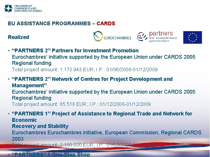 EU ASSISTANCE PROGRAMMES – CARDS Realized • “PARTNERS 2” Partners for Investment Promotion Eurochambres’