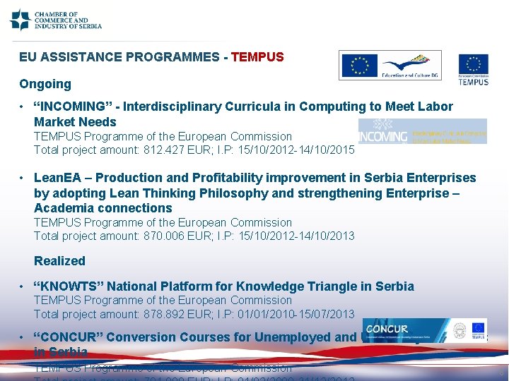 EU ASSISTANCE PROGRAMMES - TEMPUS Ongoing • “INCOMING” - Interdisciplinary Curricula in Computing to