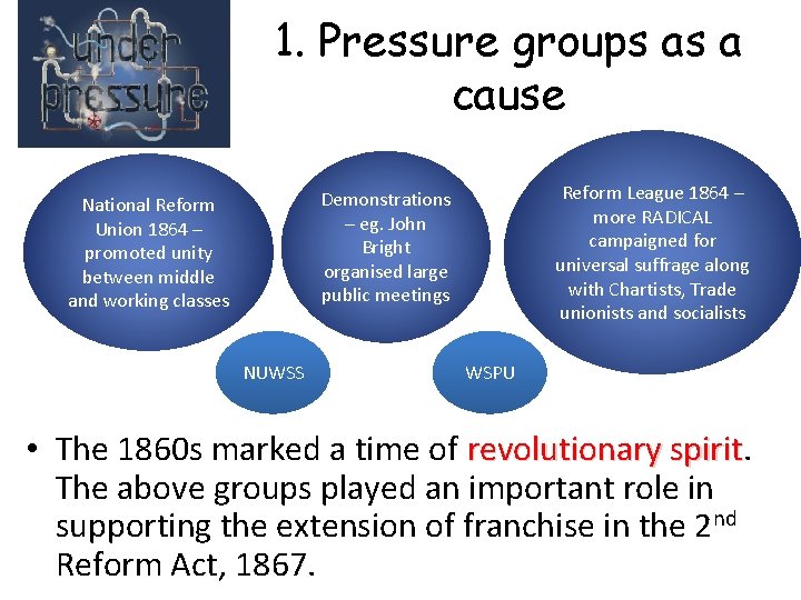 1. Pressure groups as a cause Reform League 1864 – more RADICAL campaigned for
