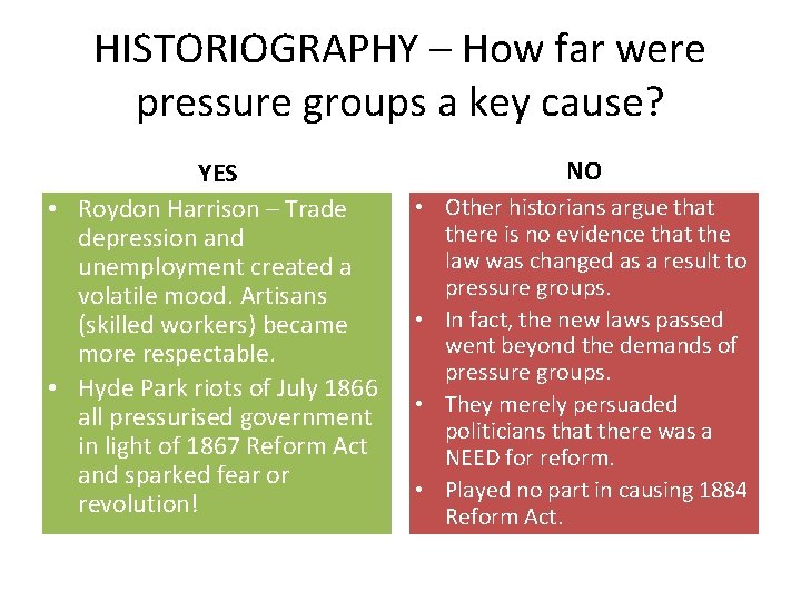 HISTORIOGRAPHY – How far were pressure groups a key cause? YES • Roydon Harrison