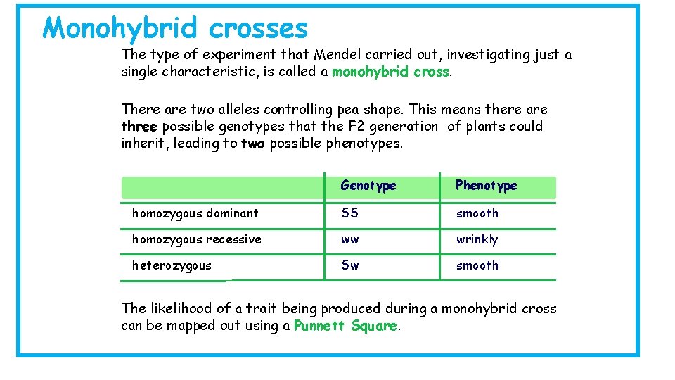 Monohybrid crosses The type of experiment that Mendel carried out, investigating just a single