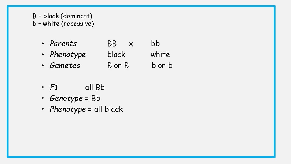 B – black (dominant) b – white (recessive) • Parents • Phenotype • Gametes