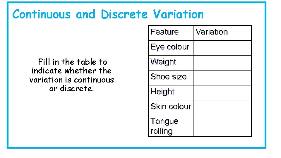 Continuous and Discrete Variation Feature Eye colour Fill in the table to indicate whether