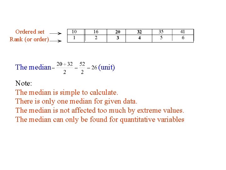 Ordered set Rank (or order) The median (unit) Note: The median is simple to
