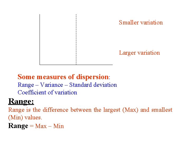 Smaller variation Larger variation Some measures of dispersion: Range – Variance – Standard deviation