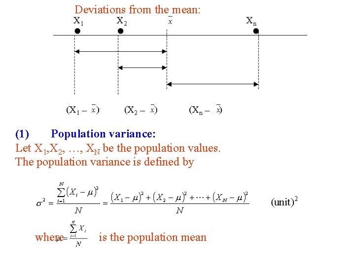 Deviations from the mean: (1) Population variance: Let X 1, X 2, …, XN