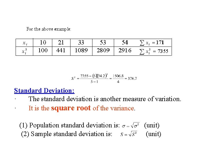 Standard Deviation: · The standard deviation is another measure of variation. · It is