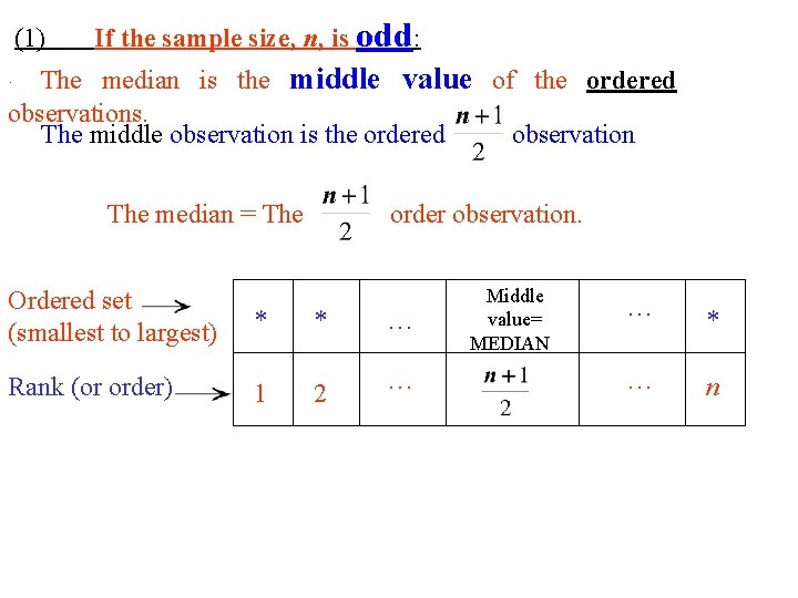 (1) If the sample size, n, is odd: The median is the middle value