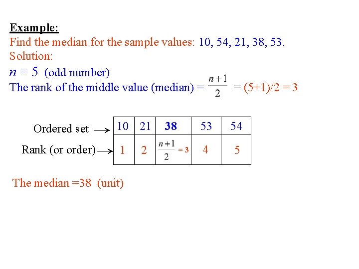 Example: Find the median for the sample values: 10, 54, 21, 38, 53. Solution: