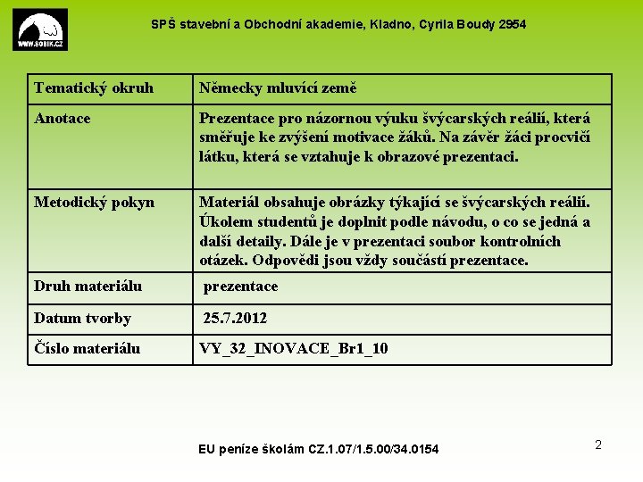 SPŠ stavební a Obchodní akademie, Kladno, Cyrila Boudy 2954 Tematický okruh Německy mluvící země