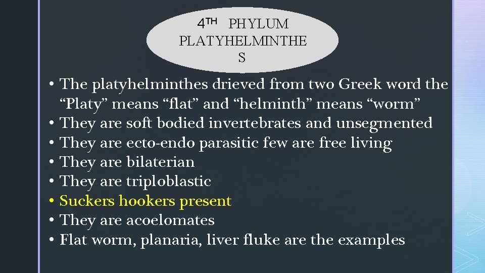 4 TH PHYLUM PLATYHELMINTHE S • The platyhelminthes drieved from two Greek word the 4 TH PHYLUM PLATYHELMINTHE S • The platyhelminthes drieved from two Greek word the