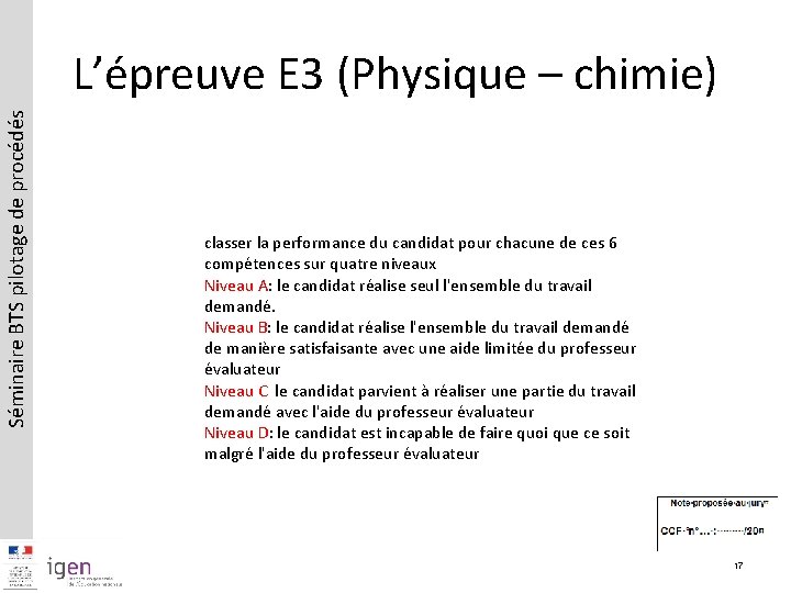 Séminaire BTS pilotage de procédés L’épreuve E 3 (Physique – chimie) classer la performance
