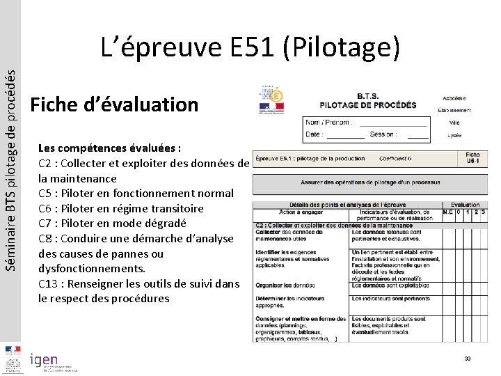 Séminaire BTS pilotage de procédés L’épreuve E 51 (Pilotage) Fiche d’évaluation Les compétences évaluées