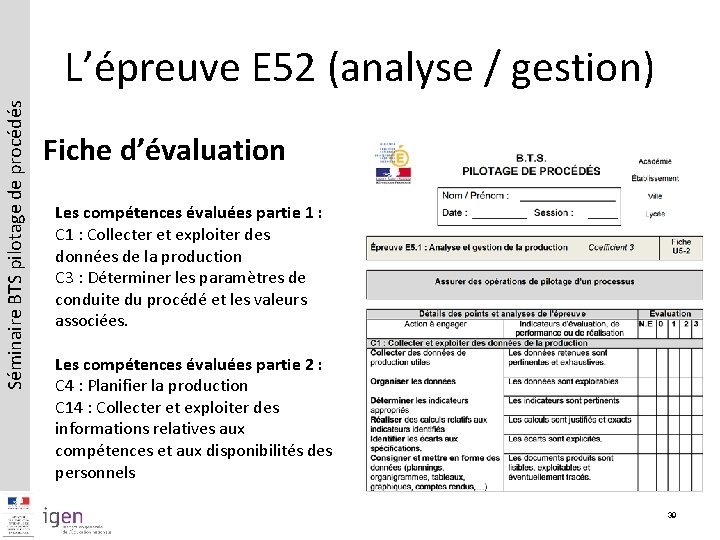 Séminaire BTS pilotage de procédés L’épreuve E 52 (analyse / gestion) Fiche d’évaluation Les