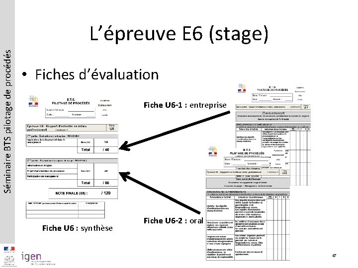 Séminaire BTS pilotage de procédés L’épreuve E 6 (stage) • Fiches d’évaluation Fiche U