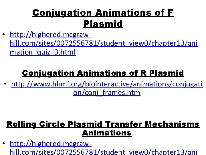 Conjugation Animations of F Plasmid • http: //highered. mcgrawhill. com/sites/0072556781/student_view 0/chapter 13/ani mation_quiz_3. html