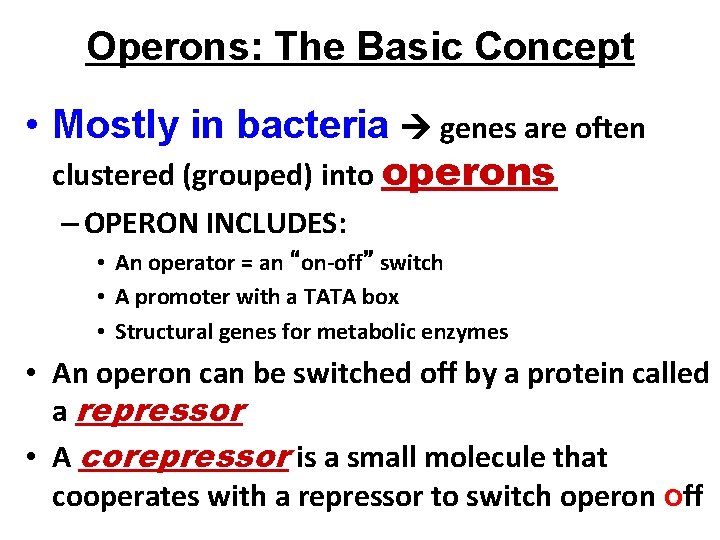 Operons: The Basic Concept • Mostly in bacteria genes are often clustered (grouped) into