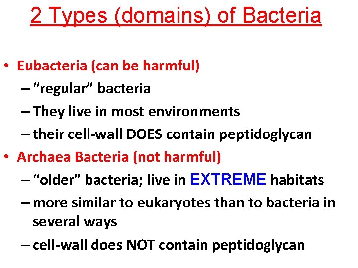 2 Types (domains) of Bacteria • Eubacteria (can be harmful) – “regular” bacteria –