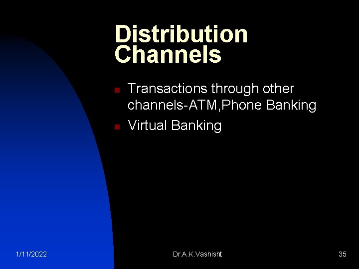 Distribution Channels n n 1/11/2022 Transactions through other channels ATM, Phone Banking Virtual Banking