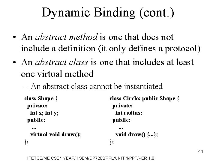 Dynamic Binding (cont. ) • An abstract method is one that does not include