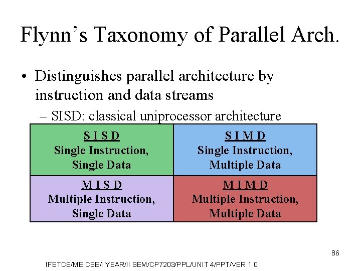 Flynn’s Taxonomy of Parallel Arch. • Distinguishes parallel architecture by instruction and data streams