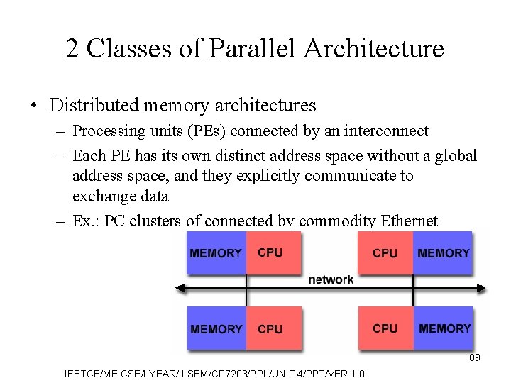 2 Classes of Parallel Architecture • Distributed memory architectures – Processing units (PEs) connected