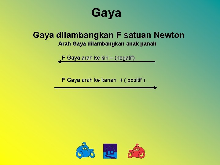 Gaya dilambangkan F satuan Newton Arah Gaya dilambangkan anak panah F Gaya arah ke