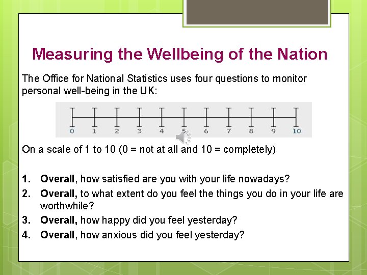 Measuring the Wellbeing of the Nation The Office for National Statistics uses four questions