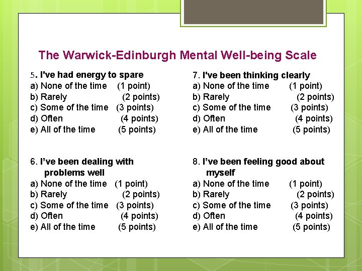The Warwick-Edinburgh Mental Well-being Scale 5. I've had energy to spare a) None of