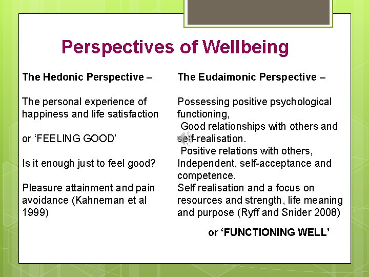 Perspectives of Wellbeing The Hedonic Perspective – The Eudaimonic Perspective – The personal experience