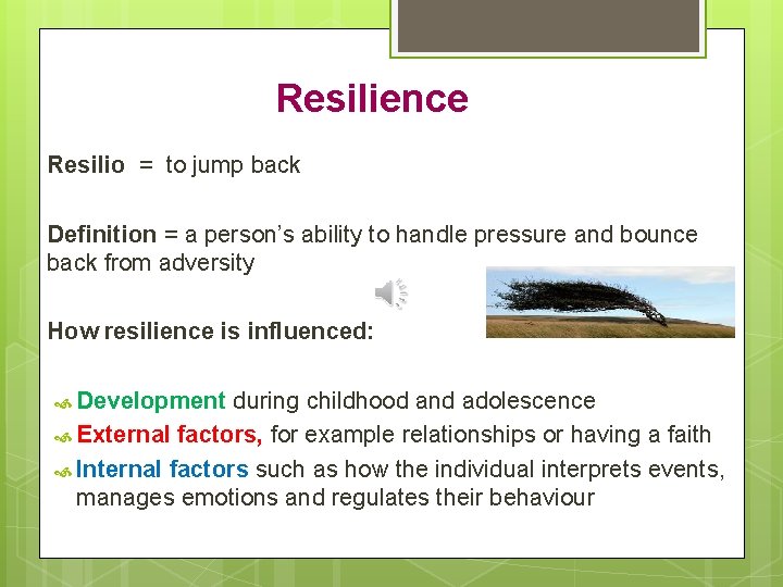 Resilience Resilio = to jump back Definition = a person’s ability to handle pressure