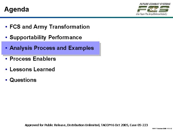 Agenda • FCS and Army Transformation • Supportability Performance • Analysis Process and Examples