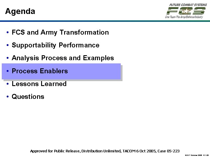 Agenda • FCS and Army Transformation • Supportability Performance • Analysis Process and Examples