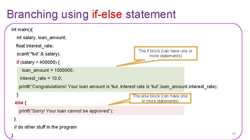 Branching using if-else statement int main(){ int salary, loan_amount; float interest_rate; scanf(“%d”, & salary);