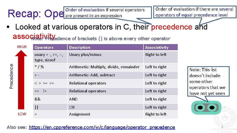 Order of evaluation if several operators are present in an expression Recap: Operators Order