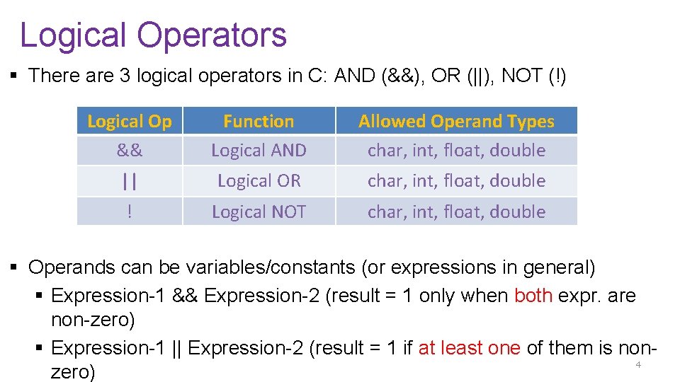 Logical Operators § There are 3 logical operators in C: AND (&&), OR (||),