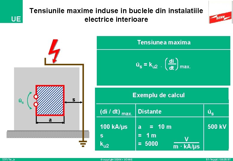 UE Tensiunile maxime induse in buclele din instalatiile electrice interioare Tensiunea maxima ûs =