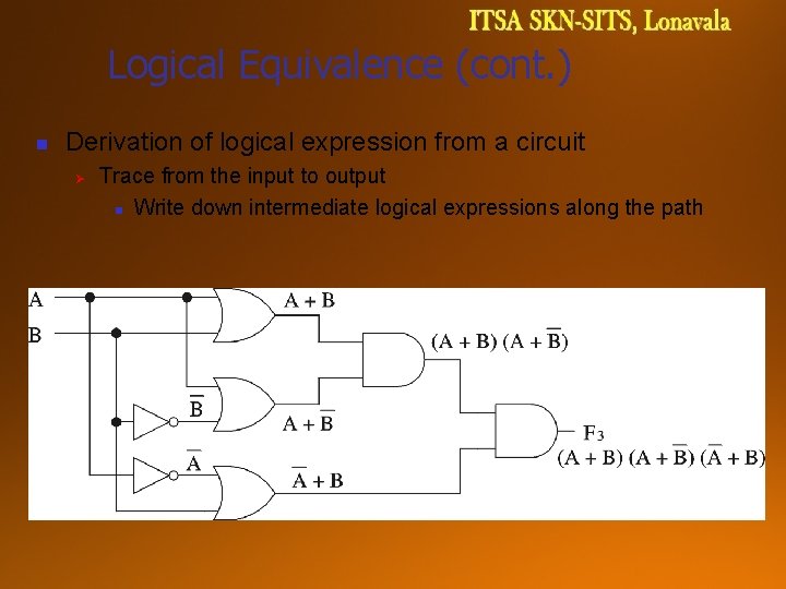 Logical Equivalence (cont. ) n Derivation of logical expression from a circuit Ø Trace