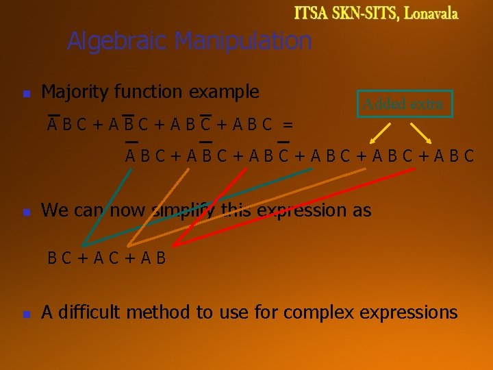 Algebraic Manipulation n Majority function example Added extra ABC+ABC+ABC = ABC+ABC+ABC+ABC n We can