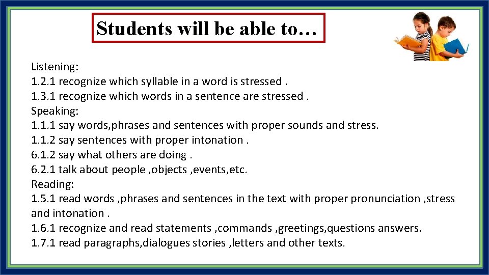 Students will be able to… Listening: 1. 2. 1 recognize which syllable in a