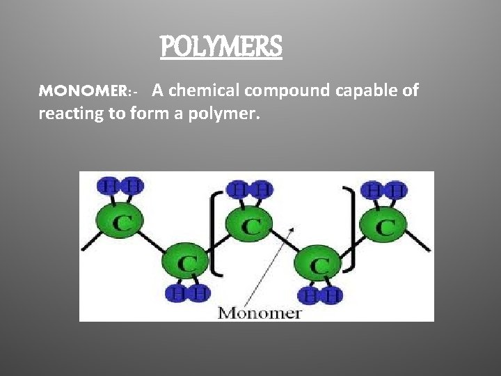 POLYMERS MONOMER: - A chemical compound capable of reacting to form a polymer. 