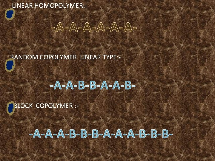 LINEAR HOMOPOLYMER: - -A-A-ARANDOM COPOLYMER LINEAR TYPE: - -A-A-B-B-A-A-BBLOCK COPOLYMER : - -A-A-A-B-B-B- 