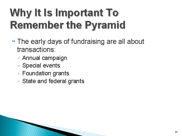 Why It Is Important To Remember the Pyramid } The early days of fundraising