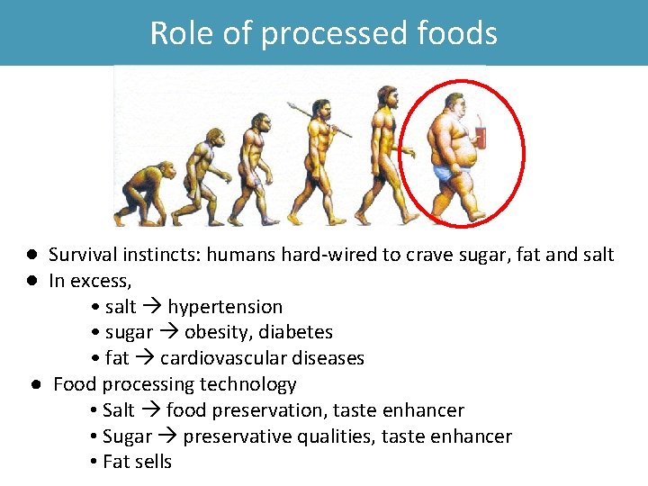 Role of processed foods ● Survival instincts: humans hard-wired to crave sugar, fat and