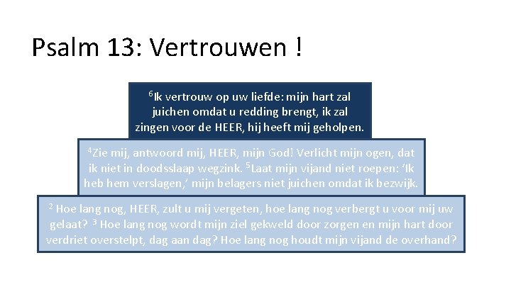 Psalm 13: Vertrouwen ! 6 Ik vertrouw op uw liefde: mijn hart zal juichen