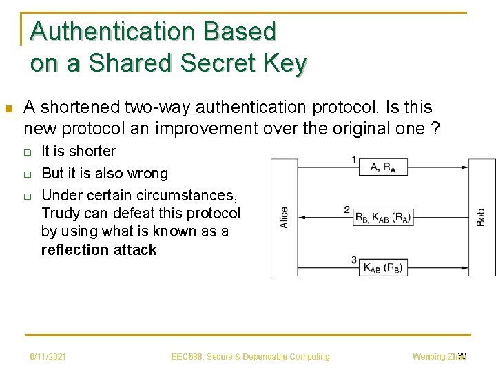 Authentication Based on a Shared Secret Key n A shortened two-way authentication protocol. Is