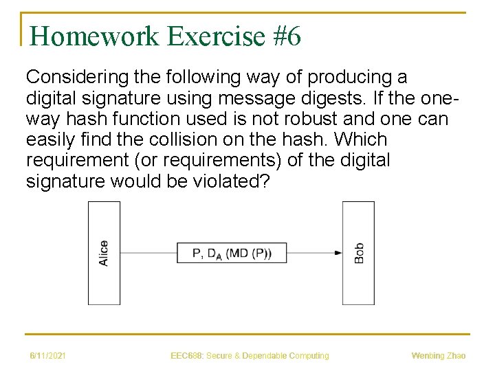 Homework Exercise #6 Considering the following way of producing a digital signature using message